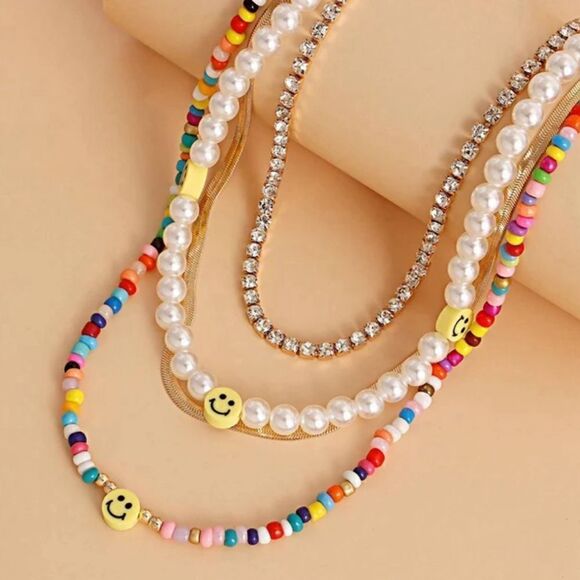 NWT - Multi-layer Smiley Pearl Rainbow Choker Acrylic Colorful Beads 4 Necklaces - Picture 2 of 8